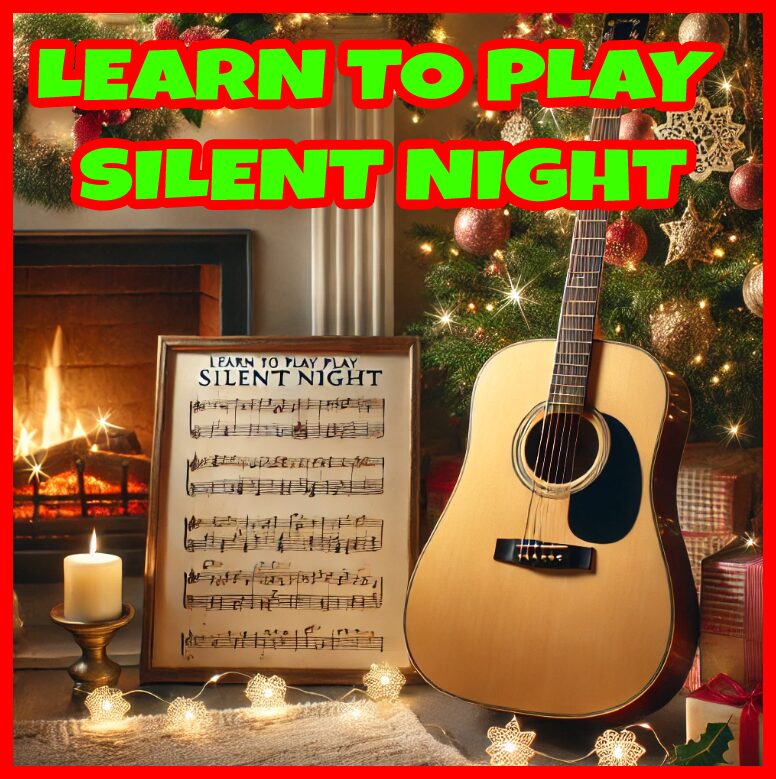 A Christmas-themed setting with an acoustic guitar leaning against a fireplace, a decorated tree in the background, and sheet music for 'Silent Night.' Warm fairy lights create a cozy holiday vibe.