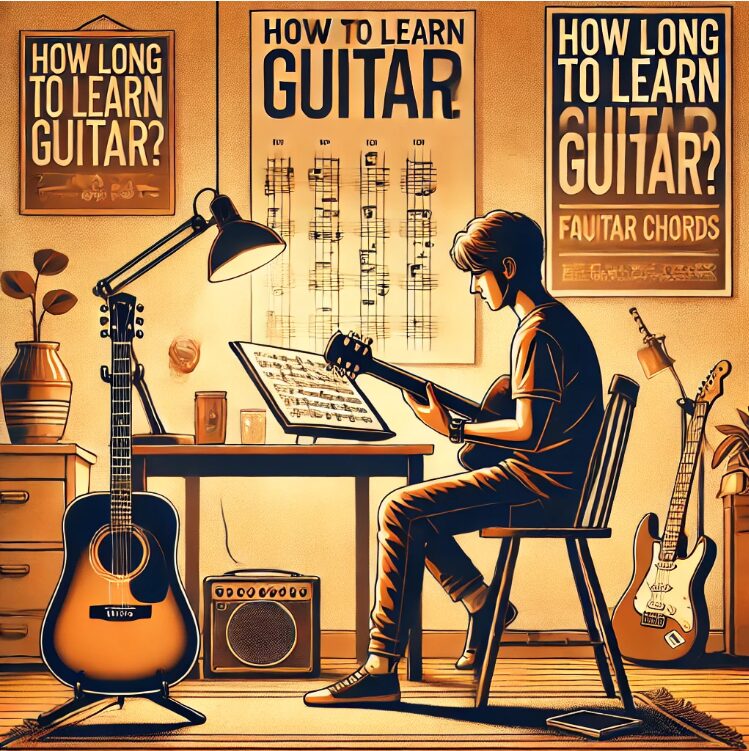 A beginner guitarist practicing in a cozy room with a timeline chart on the wall showing guitar learning milestones, a guitar stand, a music sheet, and a clip-on tuner for an engaging and motivational setting.